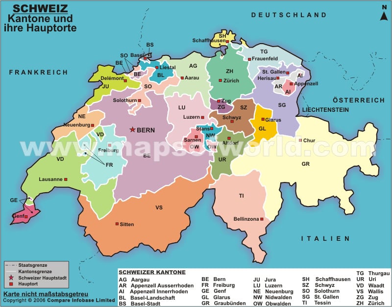 Schweizer Kantone und Hauptorte, Schweiz Bundeslander, Karte Schweizer