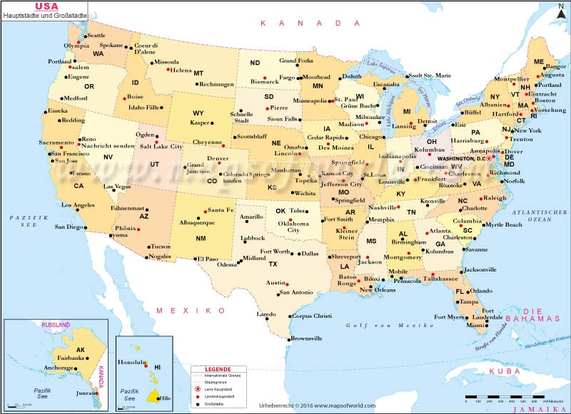 USA Hauptstadte und Grobstadte Karte – Landkarte USA