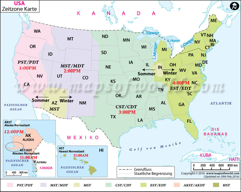 Zeitzonen USA Karte