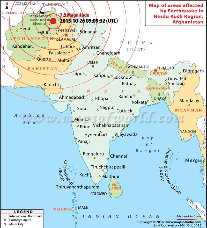 Map of areas affected by earthquake in Hindu Kush region, Afghanistan 