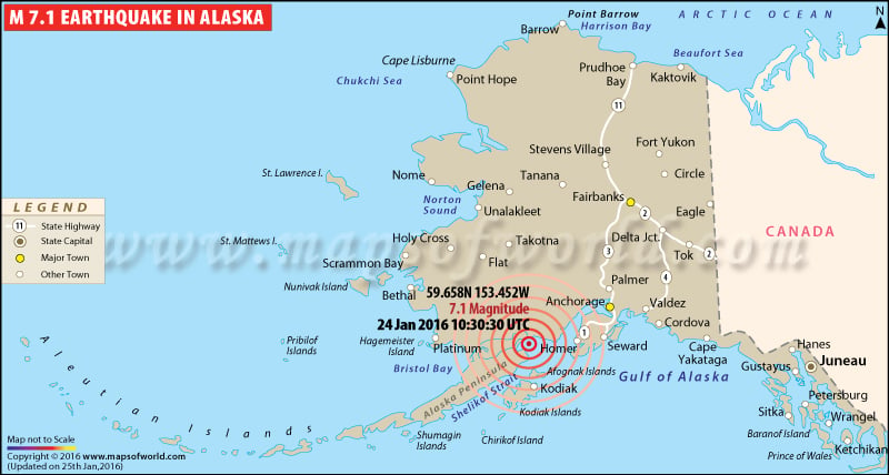 Areas Affected by M7.1 Earthquake in Southern Alaska