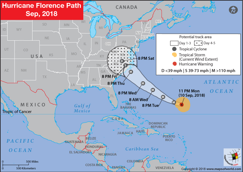Hurricane Florence Path Map - 11 September, 2018