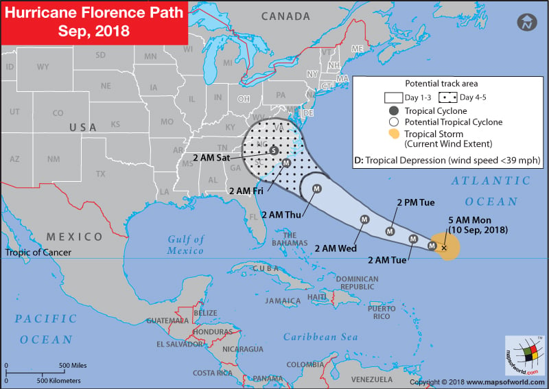 Hurricane Florence Path Map - 10 September, 2018