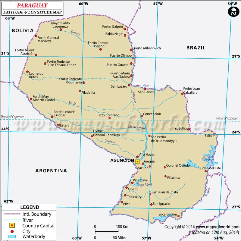 Mapa con Latitud y Longitud de Paraguay