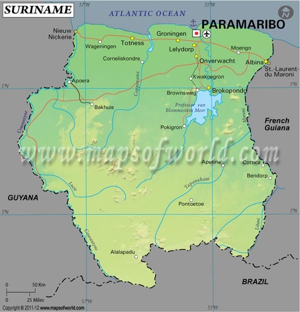 Mapa con Latitud y Longitud de Surinam
