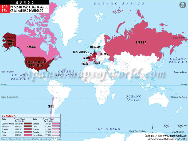 Los países con más altos registrados índices de criminalidad