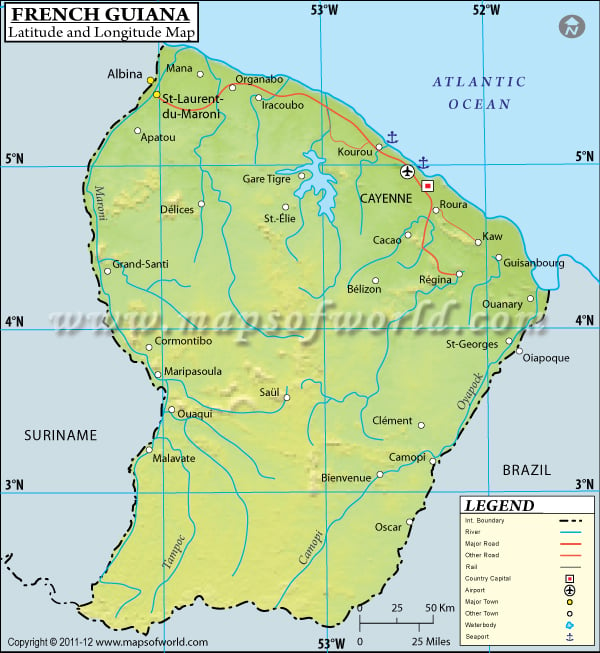 Mapa de Longitud y Latitud de Guayana Francesa