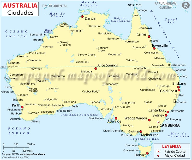 Mapa de Australia con Ciudades
