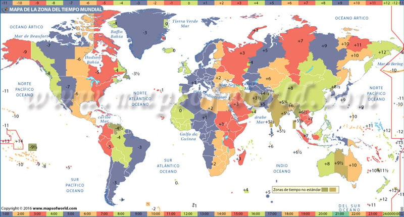 World Time Zone Map in Spanish