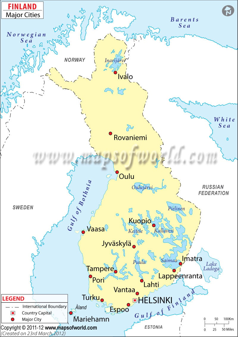 Description : Finland cities map depicting Finland major cities, towns, country capital and country boundary.