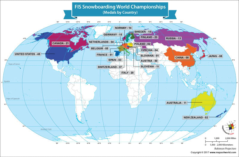 World Map Showing the FIS Snowboard World Champions