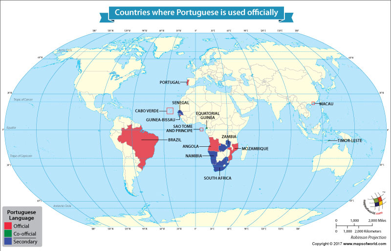 World Map Countries Where Portuguese Is Used Officially 