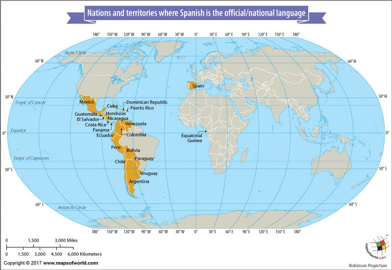 World Map Showing Nations And Territories Where Spanish Is The