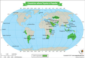 World Map Showing Countries where Toyota is Popular
