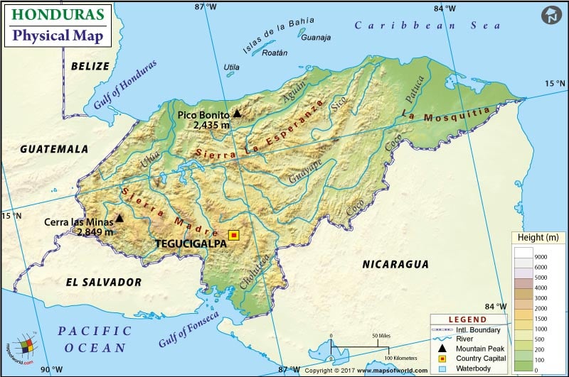 Physical Map of Honduras