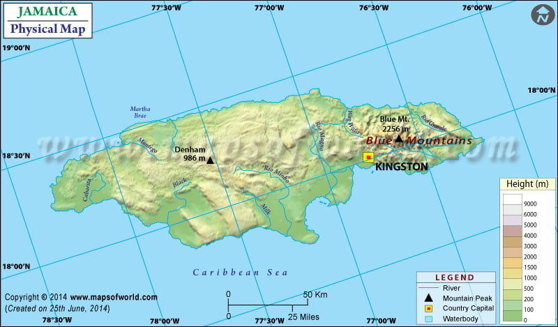 Physical Map of Jamaica
