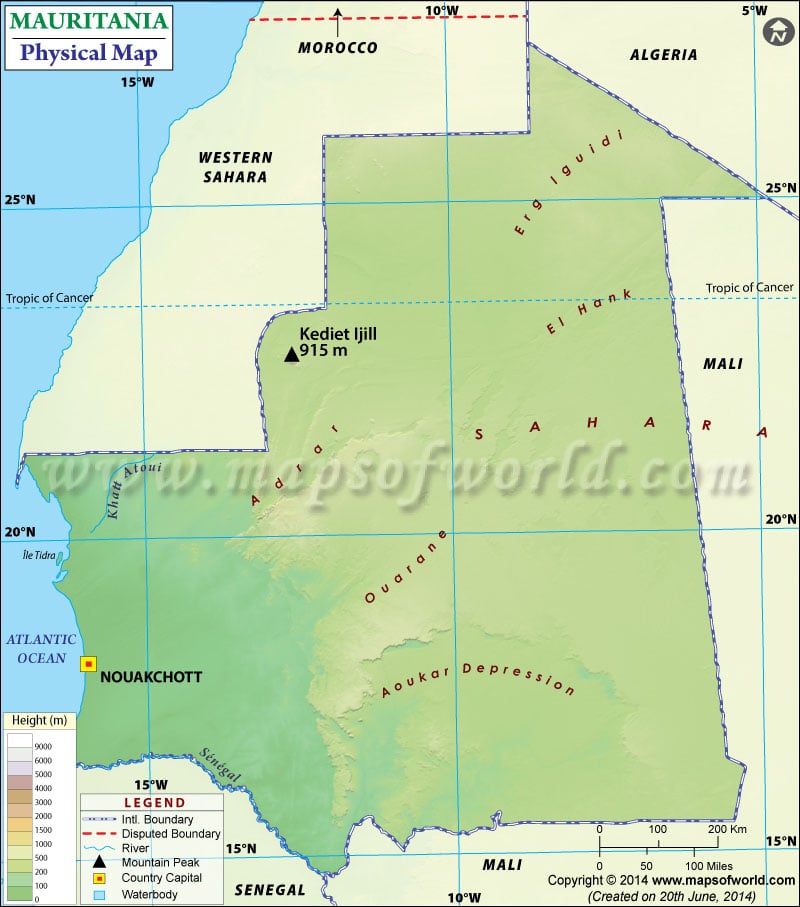 Physical Map of Mauritania