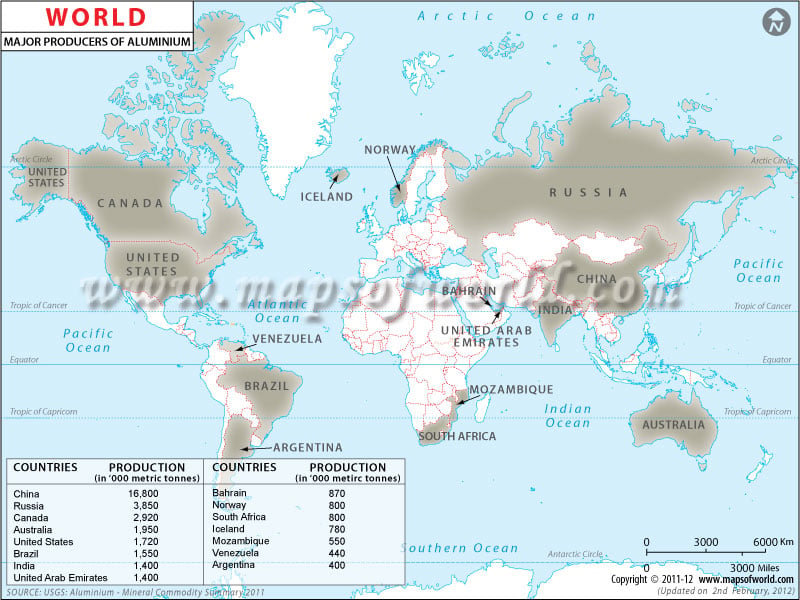 World Aluminum Producing Countries Map