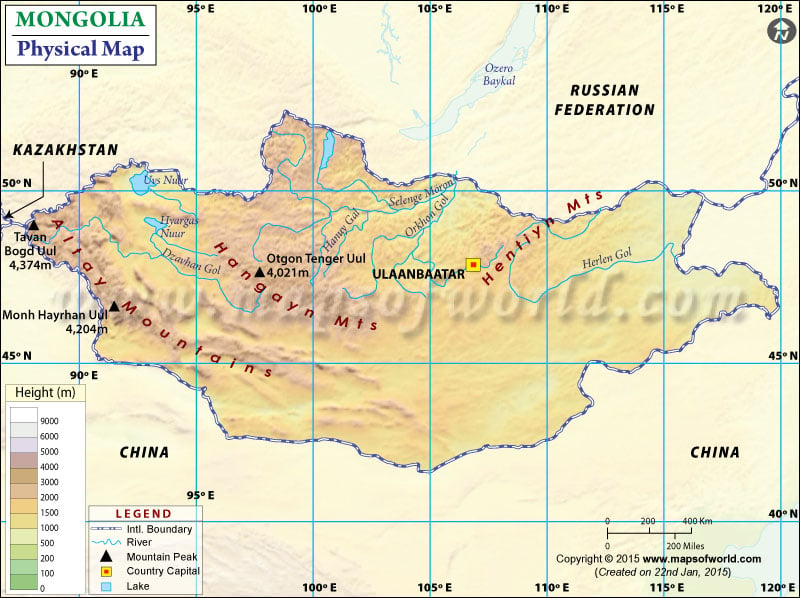 Physical Map of Mongolia