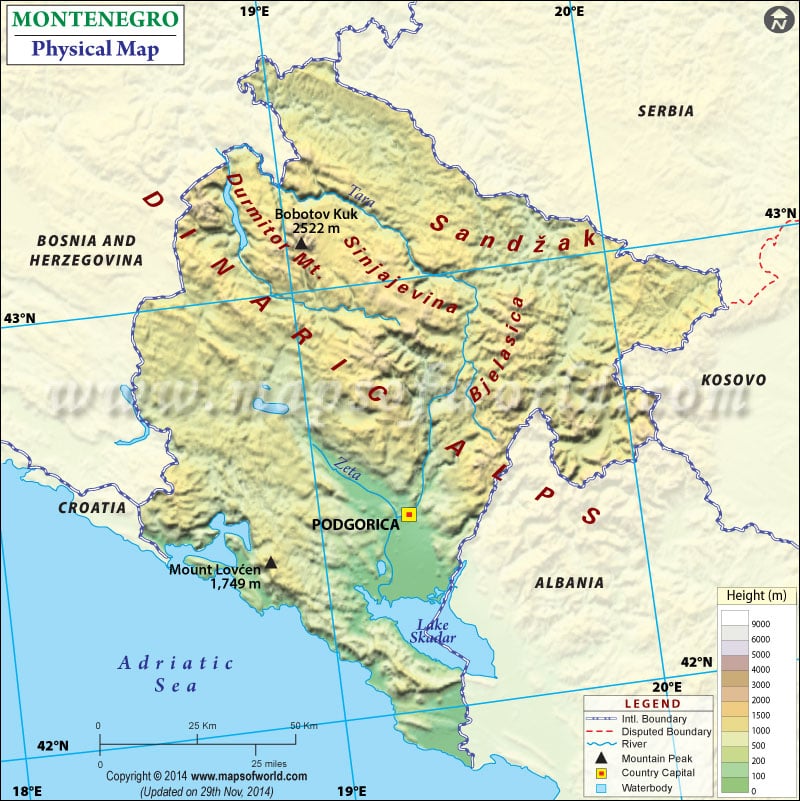 Physical Map of Montenegro