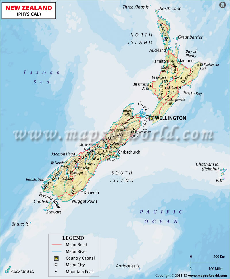 Physical Map of New Zealand