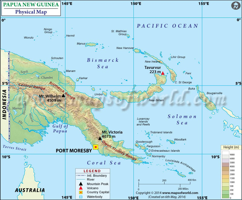 Physical Map of Papua New Guinea