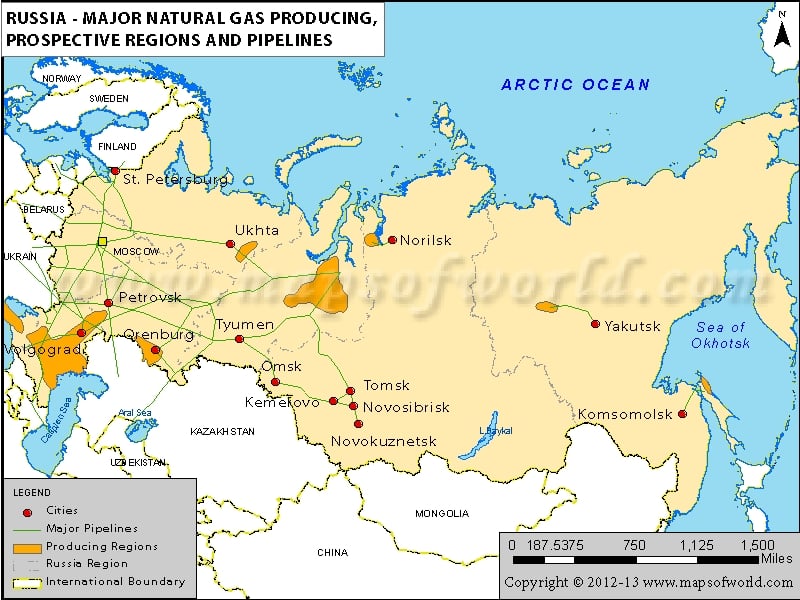 Russia Natural Gas Regions and Pipelines Map