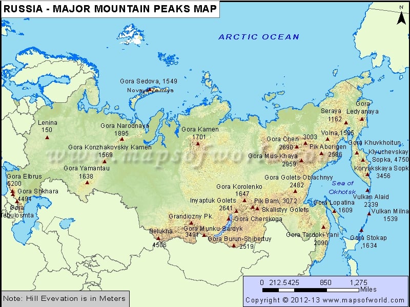 Russia Major Mountain Peaks Map