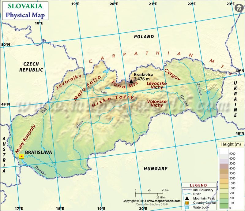 Physical map of Slovakia