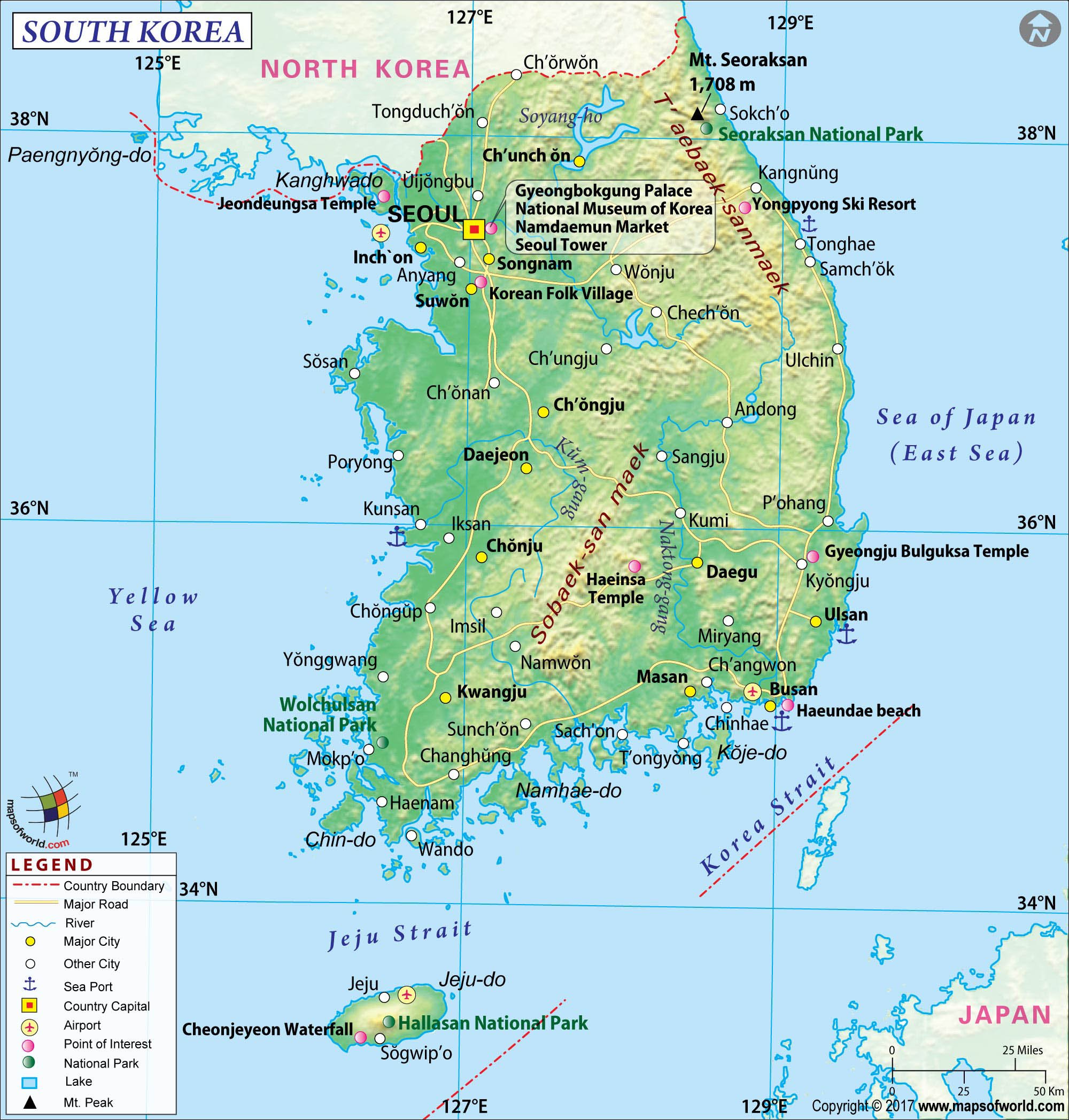 Карта Южной Кореи на корейском языке