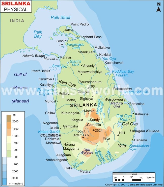 Physical Map of Sri Lanka