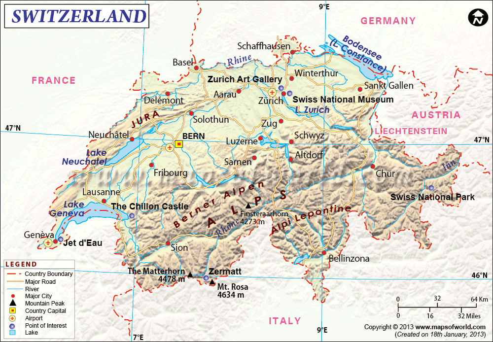 Swiss Rivers Map | Switzerland River Map