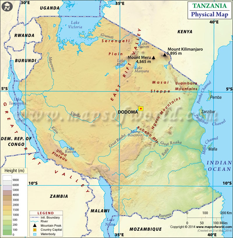 Physical Map of Tanzania