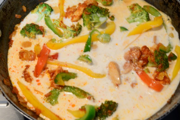 Chicken In Red Thai Curry -Adding Coconut Milk and Vegetables