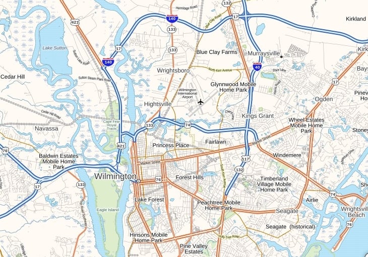 Wilmington International Airport Map, North Carolina