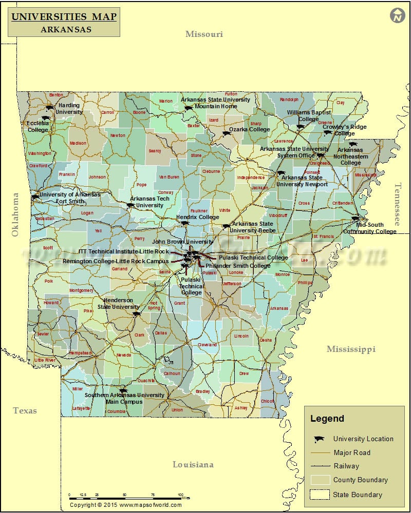 Universities Map of Arkansas, USA