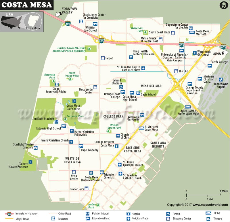 Detailed Map of Costa Mesa City, California showing roads, railway, airport...