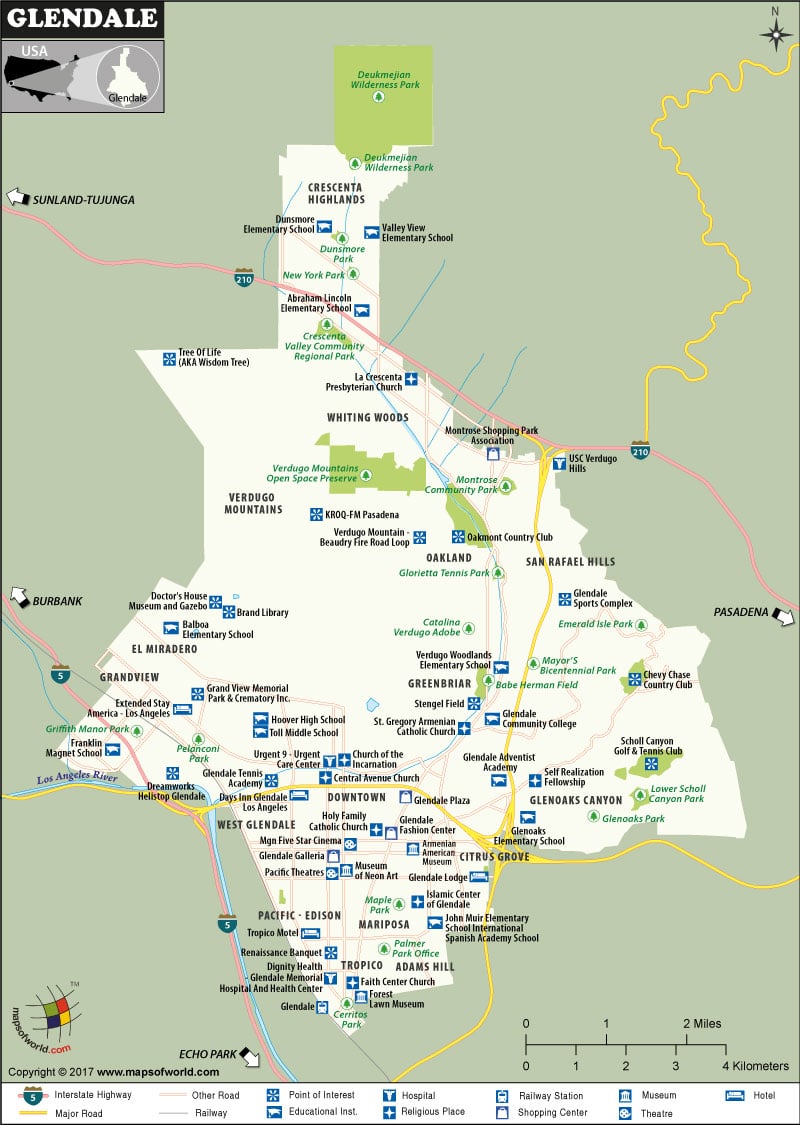 Map of Glendale City, California