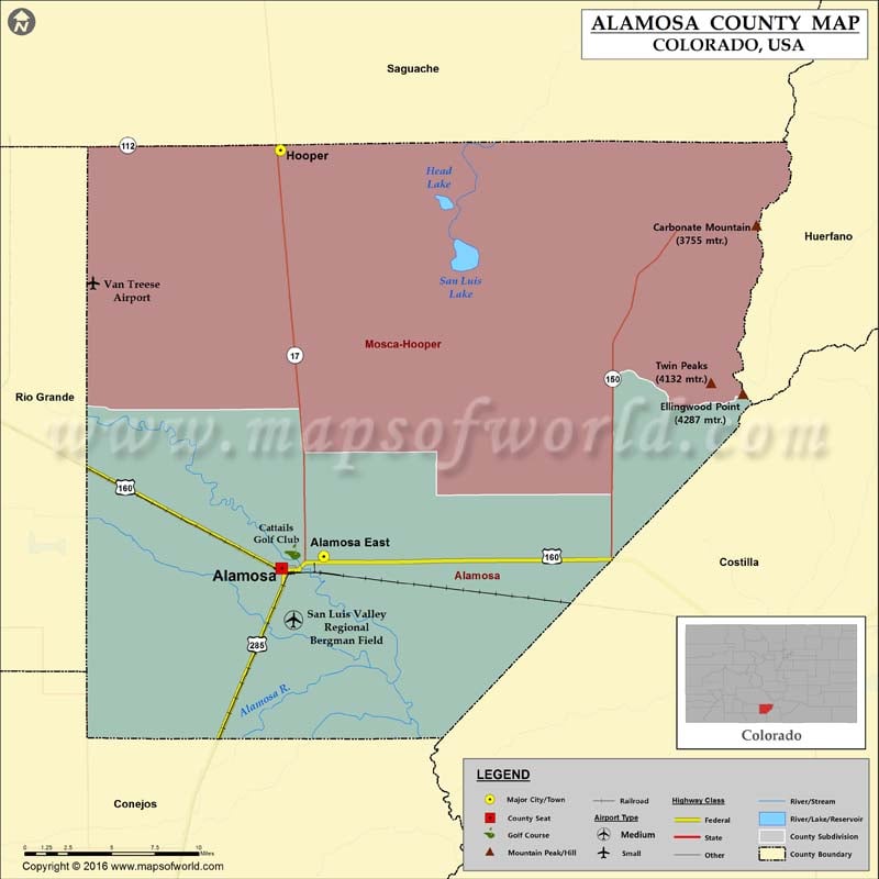 Map of Alamosa County, CO