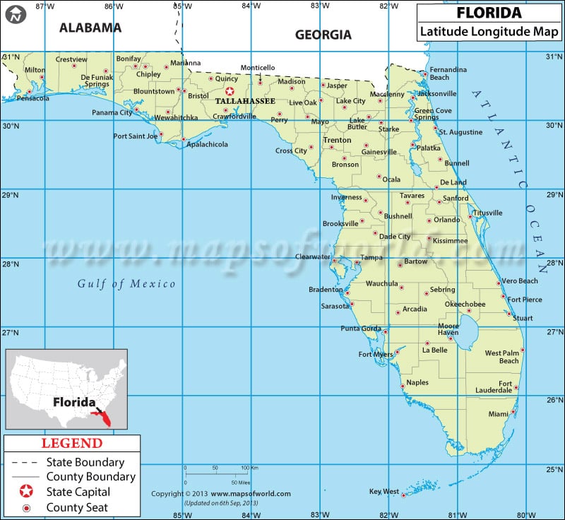 Florida Longitude and Latitude Map