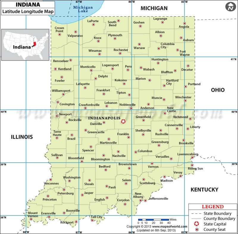 Indiana Latitude and Longitude Map