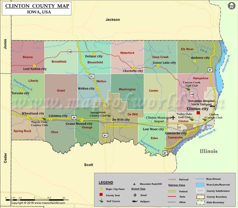 Printable map of Clinton County Iowa (USA) showing the County boundaries, C...