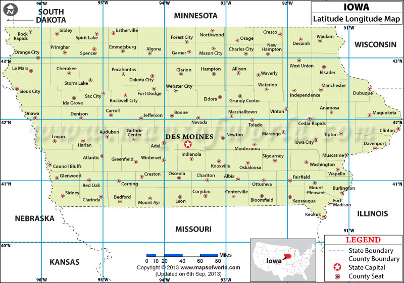 Iowa Latitude and Longitude Map