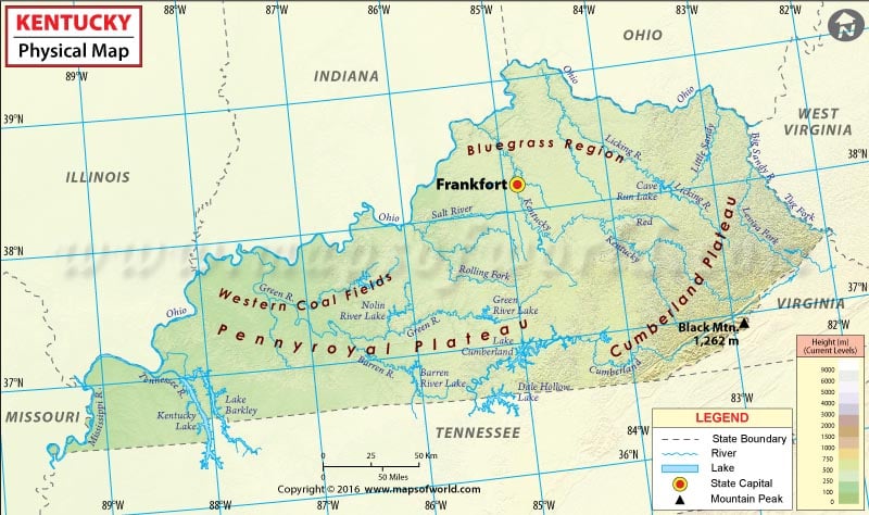 Physical Map of Kentucky