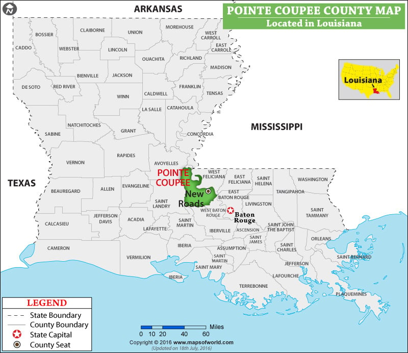 Pointe Coupee Parish Map, Louisiana