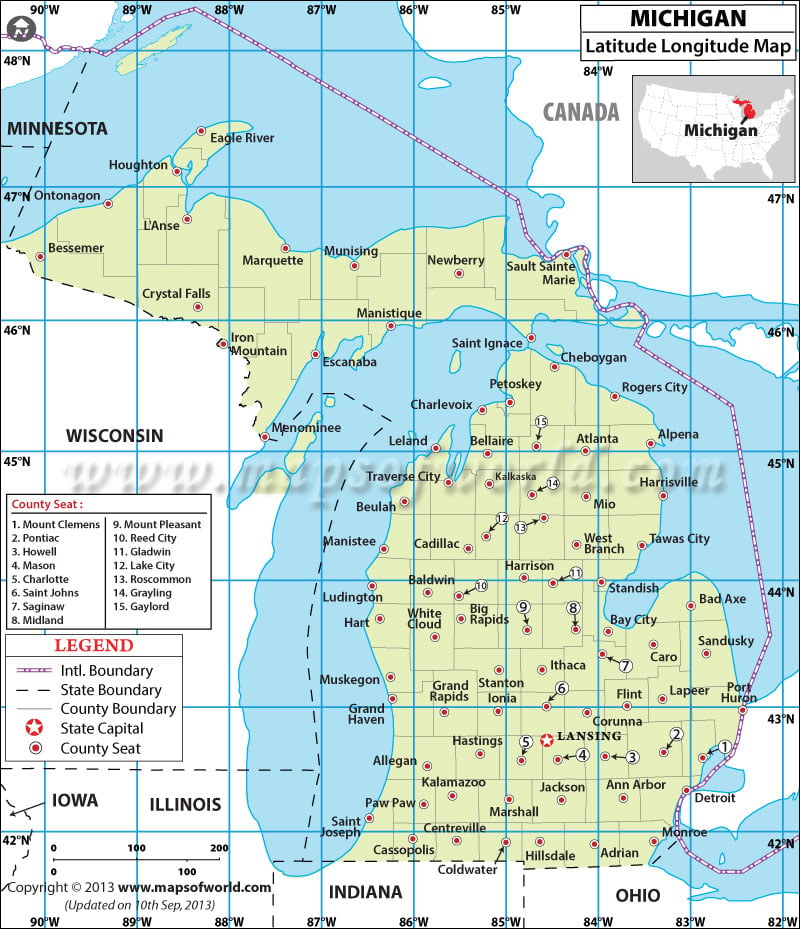 Michigan Latitude and Longitude Map