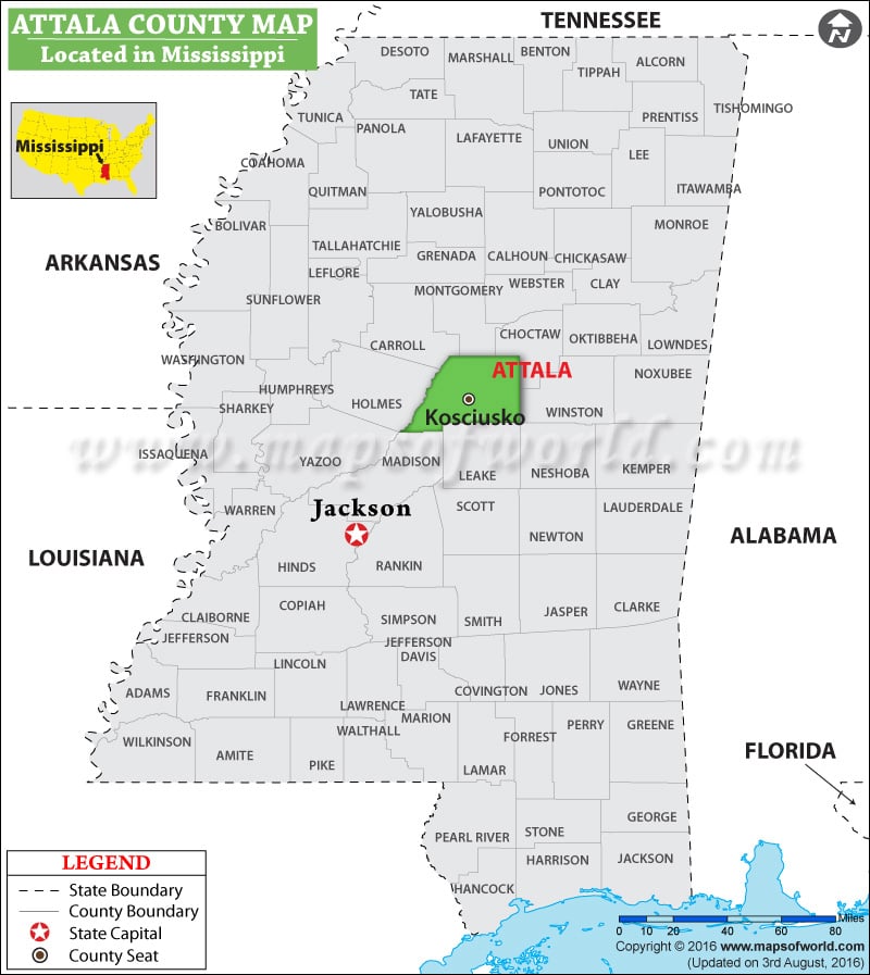 Attala County Map, Mississippi
