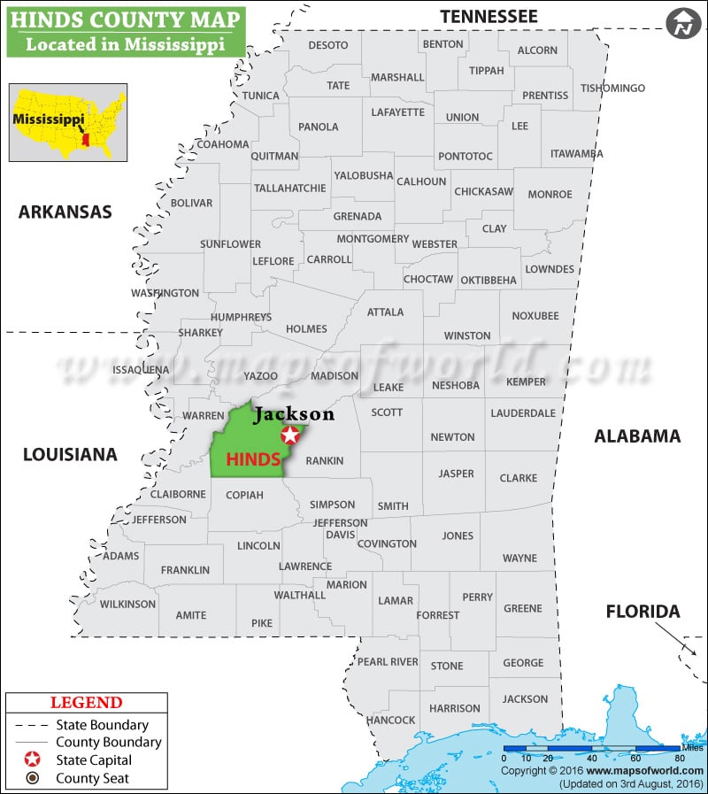 Hinds County Map, Mississippi