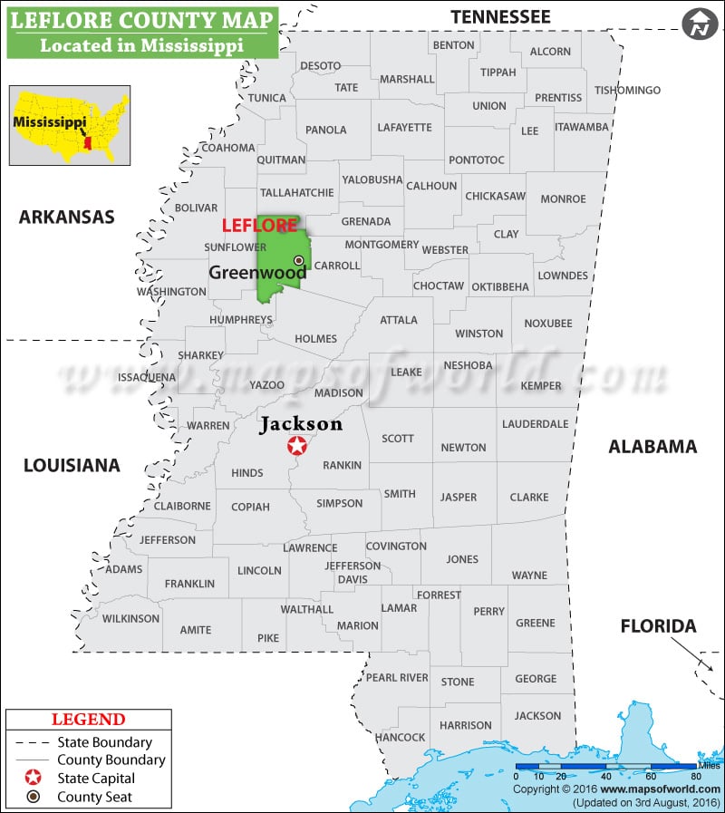 Leflore County Map, Mississippi