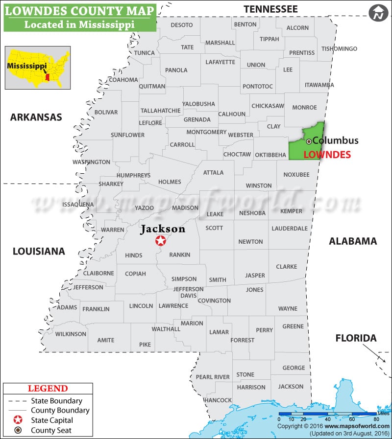 Lowndes County Map, Mississippi